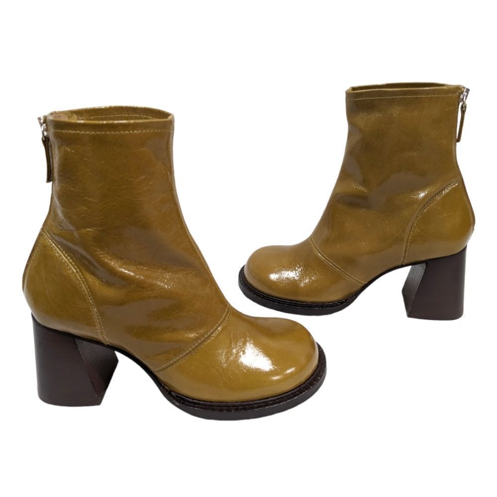 Top Shop Milo Leather 70's Style Olive Chunky Scoop Round Toe Boot Size EU37